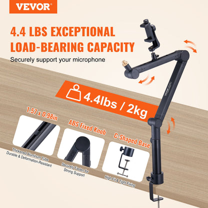 VEVOR Adjustable Microphone Boom Arm with Desk Mount – 360° Rotatable Mic Stand with Adapter, Cable Holder & Headset Hook, Compatible with Blue Yeti, HyperX, Shure SM7B, Audio-Technica - Elurra Essence